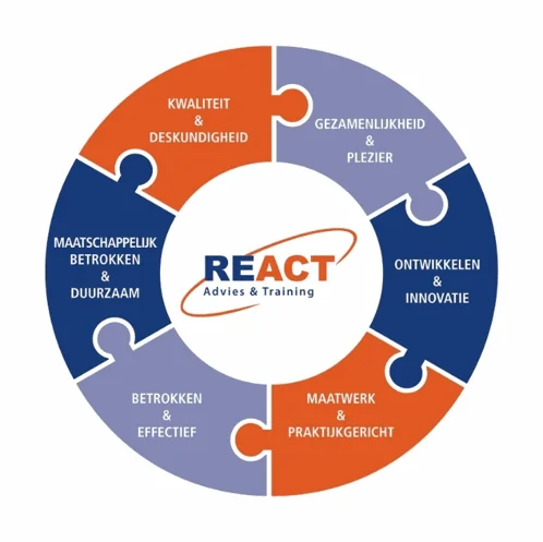 De kernwaarden van REACT: kwaliteit en deskundigheid, gezamenlijkheid en plezier, ontwikkeling en innovatie, maatwerk en praktijkgericht werken, betrokkenheid en effectiviteit, en maatschappelijke betrokkenheid en duurzaamheid