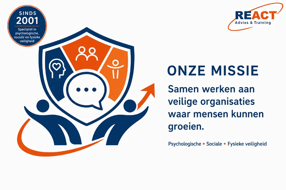 Onze missie – samen werken aan veilige organisaties waar mensen kunnen groeien; psychologische, sociale en fysieke veiligheid, specialist sinds 2001